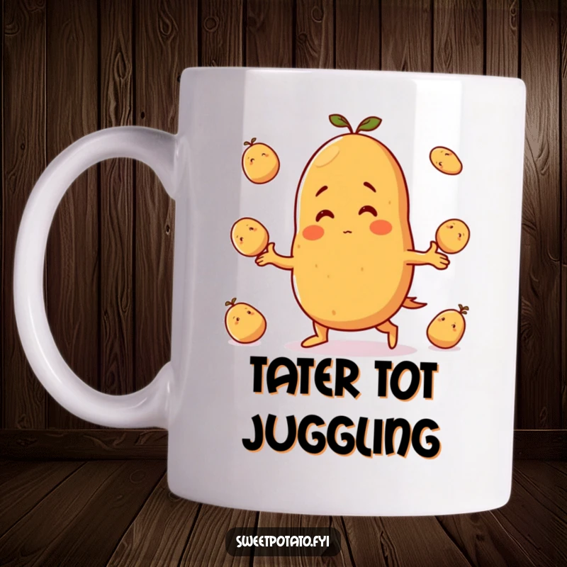 Funny mug: A sweet potato character grins widely, skillfully juggling several small potatoes in a delightful display of dexterity.