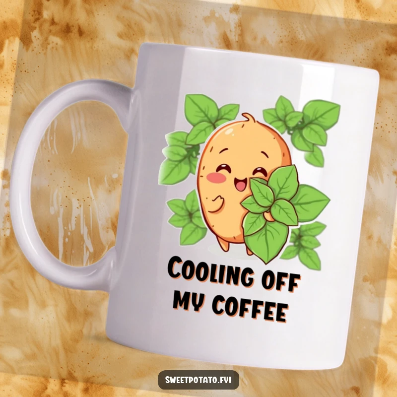 Funny mug showing a cheerful sweet potato character fanning itself with a large green mint leaf, embodying a relaxed and cool demeanor.