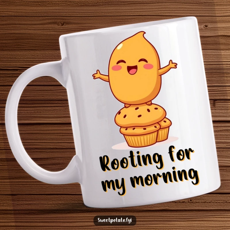 Funny Mug: A laughing sweet potato character comically balancing atop a stack of muffins, radiating pure, joyful silliness.
