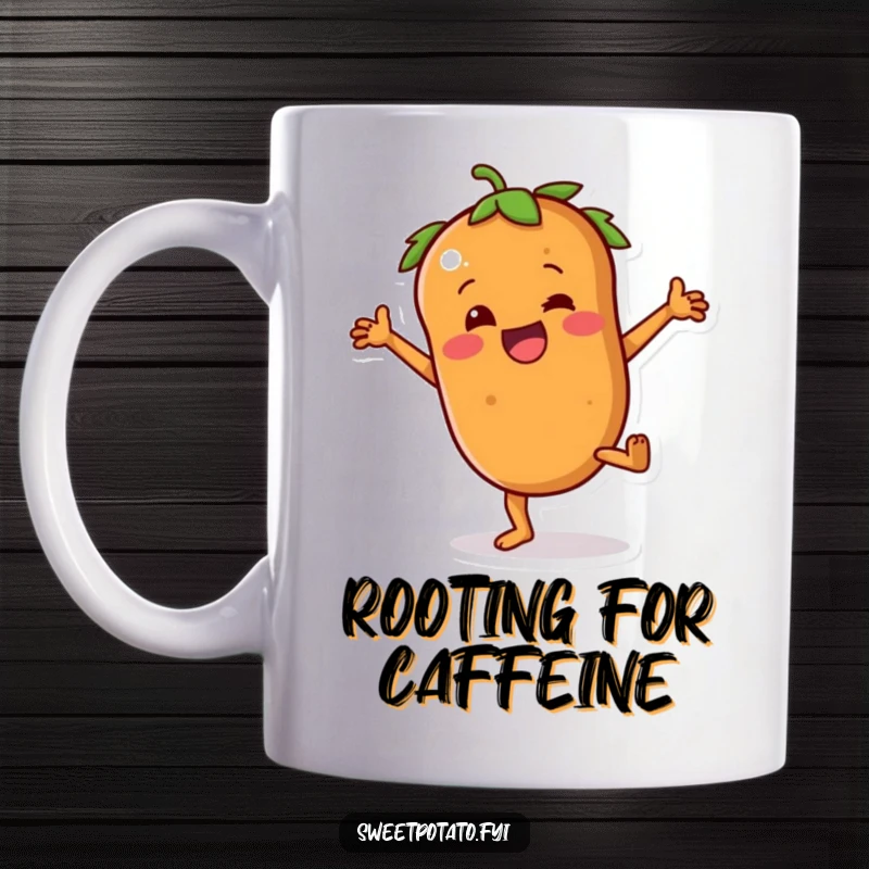 Funny sweet potato mug featuring a comical character with tiny arms joyfully attempting a cartwheel, celebrating effort.