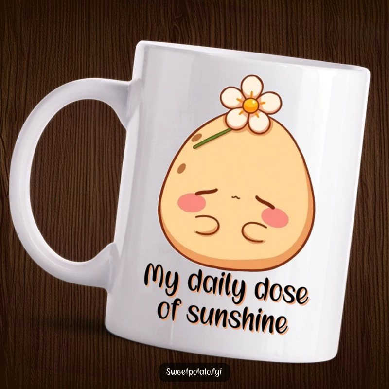 Funny sweet potato mug featuring a happy spud peacefully napping under a small flower, radiating pure contentment.