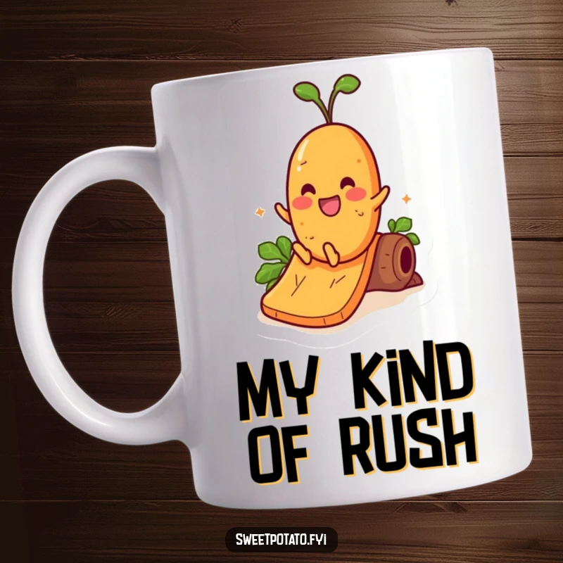 Funny mug showing a cheerful sweet potato character gleefully sliding down a large, smooth yam slide, full of excitement.