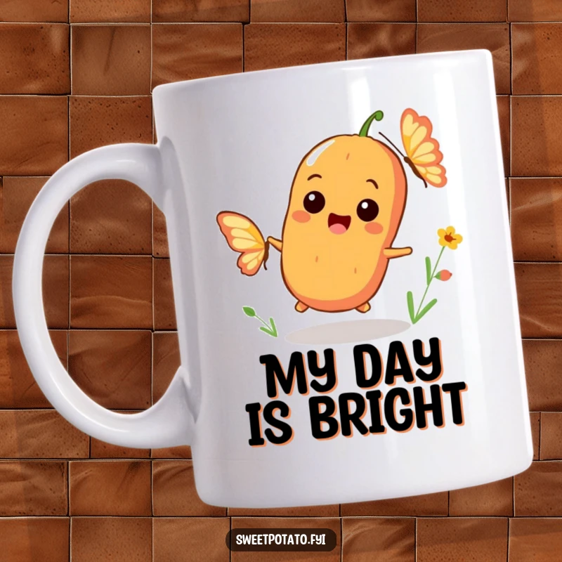 Funny mug showing a playful sweet potato character with a big smile chasing a fluttering butterfly, embodying pure delight.