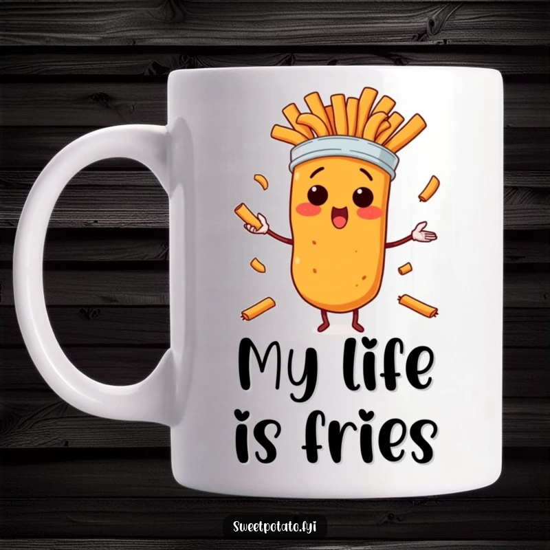 Funny mug with a surprised cartoon sweet potato character desperately juggling a pile of sweet potato fries, a comedic kitchen mishap.