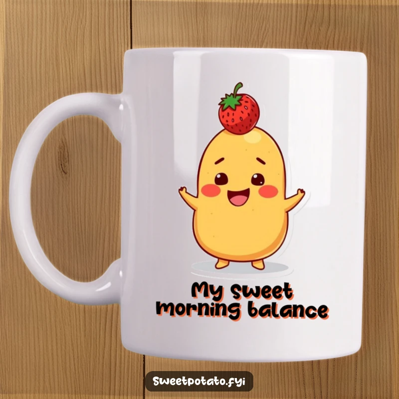 Funny mug featuring a sweet potato character with a huge grin, concentrating intensely while balancing a ripe strawberry on its head.