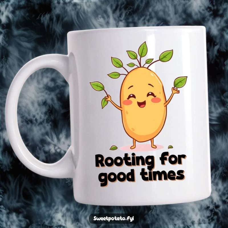 Funny mug featuring a smiling sweet potato character expertly juggling small green leaves with joy and focus.