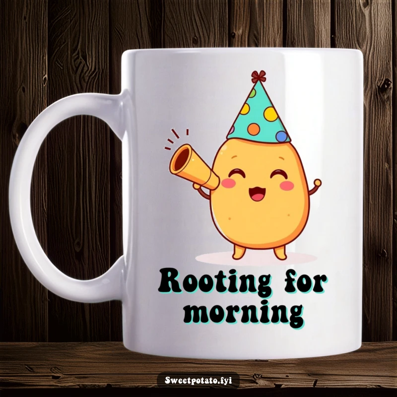 Funny happy sweet potato character wearing a party hat and blowing a party horn, printed on a cheerful and humorous mug.