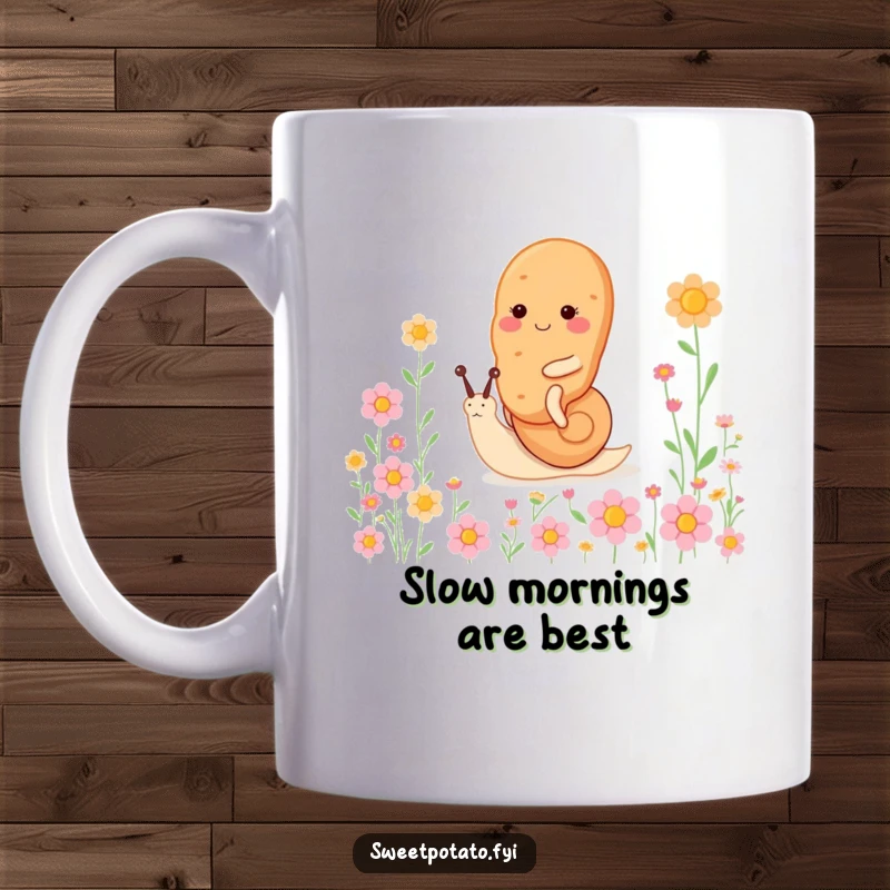 Funny sweet potato character mug, riding a tiny, happy snail through a vibrant field of flowers, conveying peace and joy.