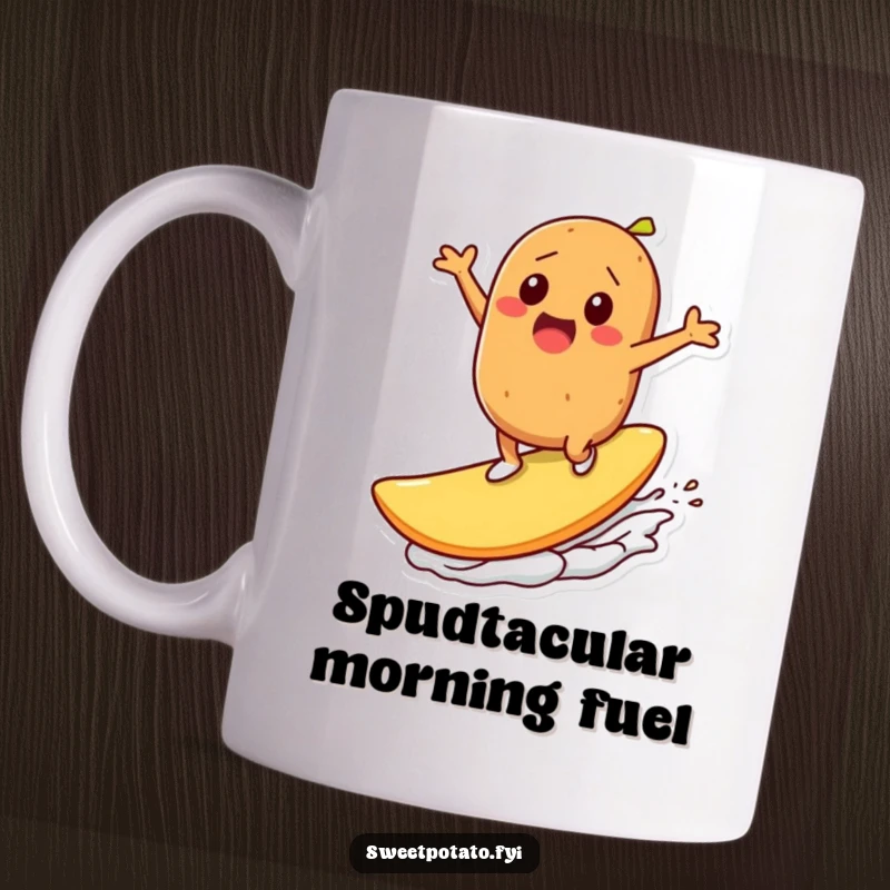 Funny mug: A sweet potato character gleefully surfs on a massive potato chip, embodying pure snack-fueled exhilaration and a love for adventure.