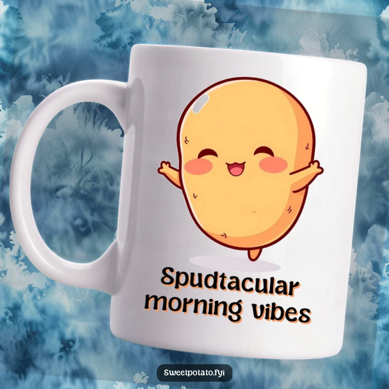 Funny mug featuring a rosy-cheeked sweet potato mid-jump, radiating pure, unadulterated potato-powered happiness and energy.
