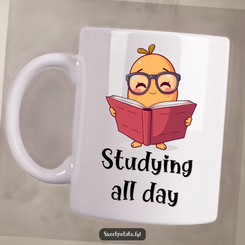 Funny mug showing a sweet potato character wearing large glasses, engrossed in a massive book, embodying a funny, scholarly vibe.