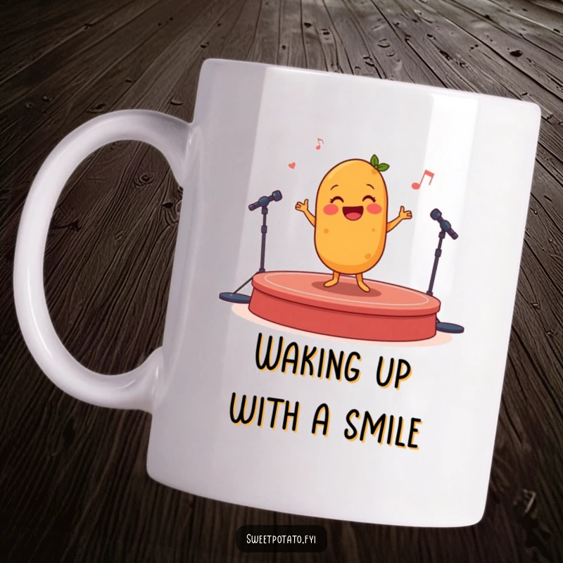 Funny happy sweet potato character doing a joyful jig on a tiny stage, a cheerful and humorous mug.