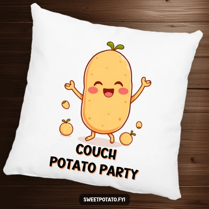 Funny pillow featuring a delighted sweet potato character dancing happily with small spuds, bringing fun to any room.
