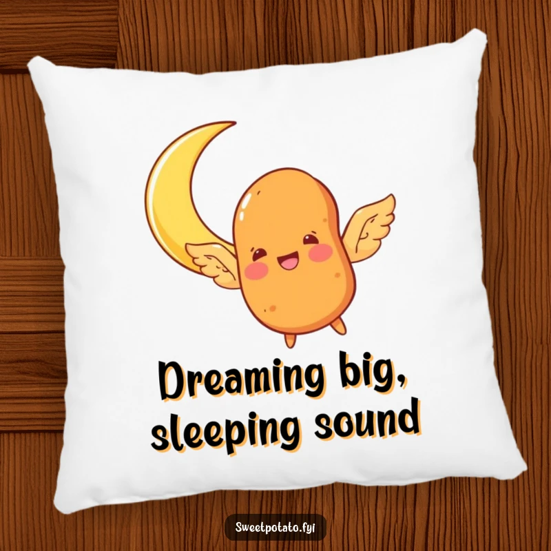 Funny sweet potato character pillow, with wings, joyfully flying towards a crescent moon, offering soft, whimsical comfort.