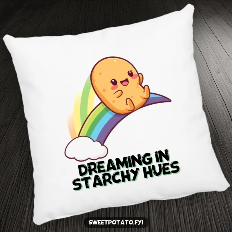 Funny pillow featuring a delighted sweet potato character mid-slide down a bright rainbow, adding humor to relaxation.