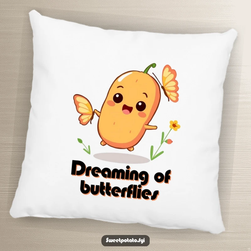 Funny pillow with a playful sweet potato character smiling while chasing a butterfly, adding a soft touch of pure joy.