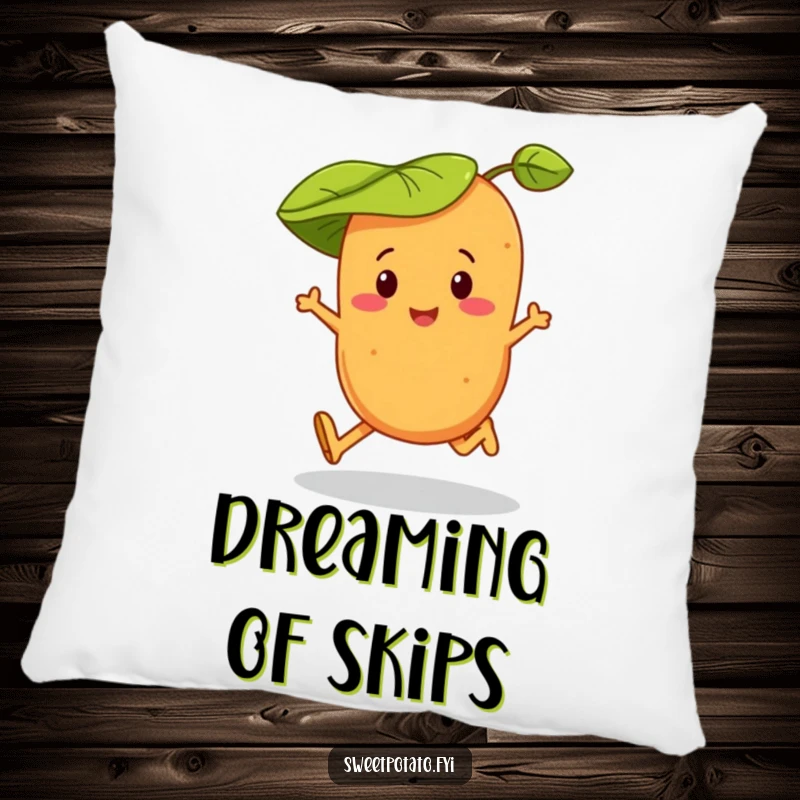 Funny pillow featuring a sweet potato character in a leaf hat, looking comfortable and joyfully skipping.