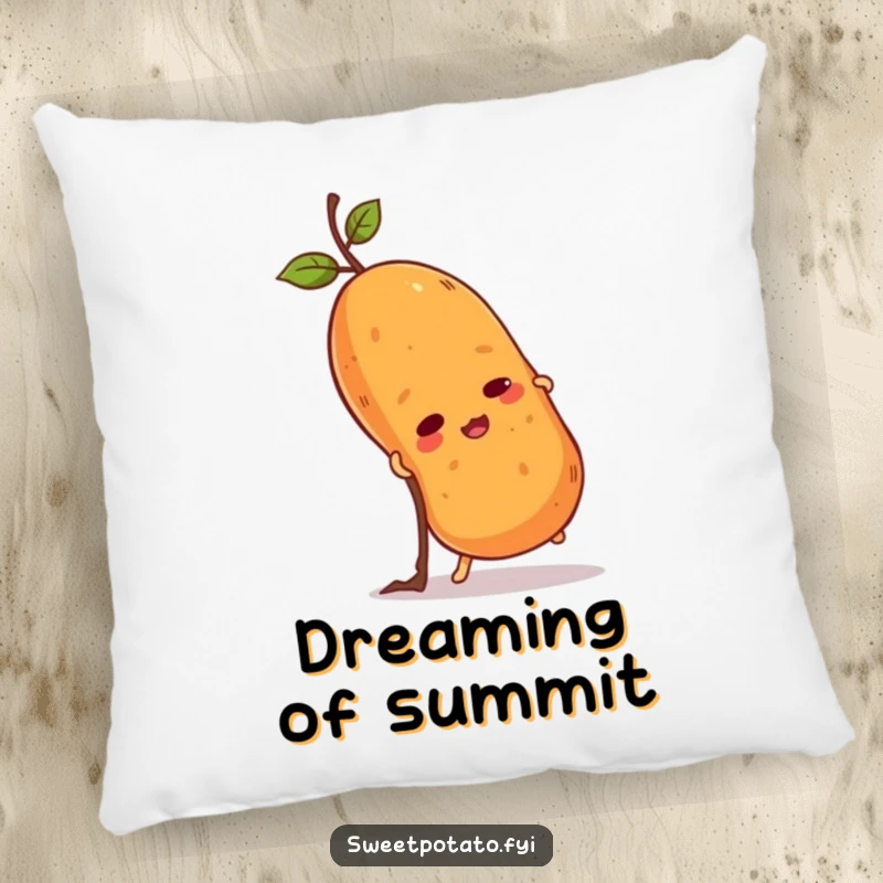 Funny sweet potato pillow with a determined spud scaling a small twig. Soft, decorative, and humorously motivational.