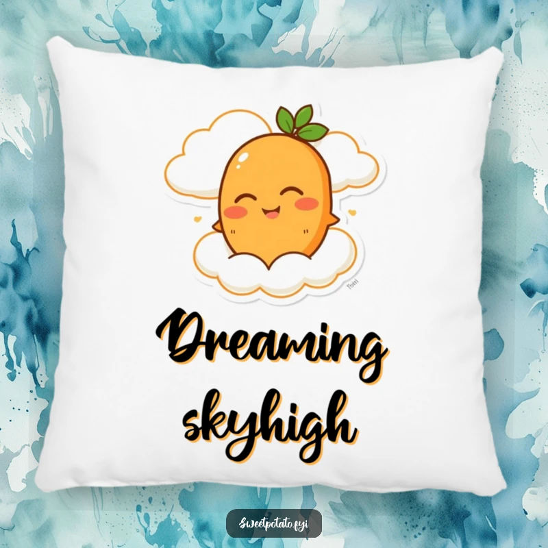 Funny pillow with a winking sweet potato character happily riding a smiling cloud, perfect for adding a playful touch.
