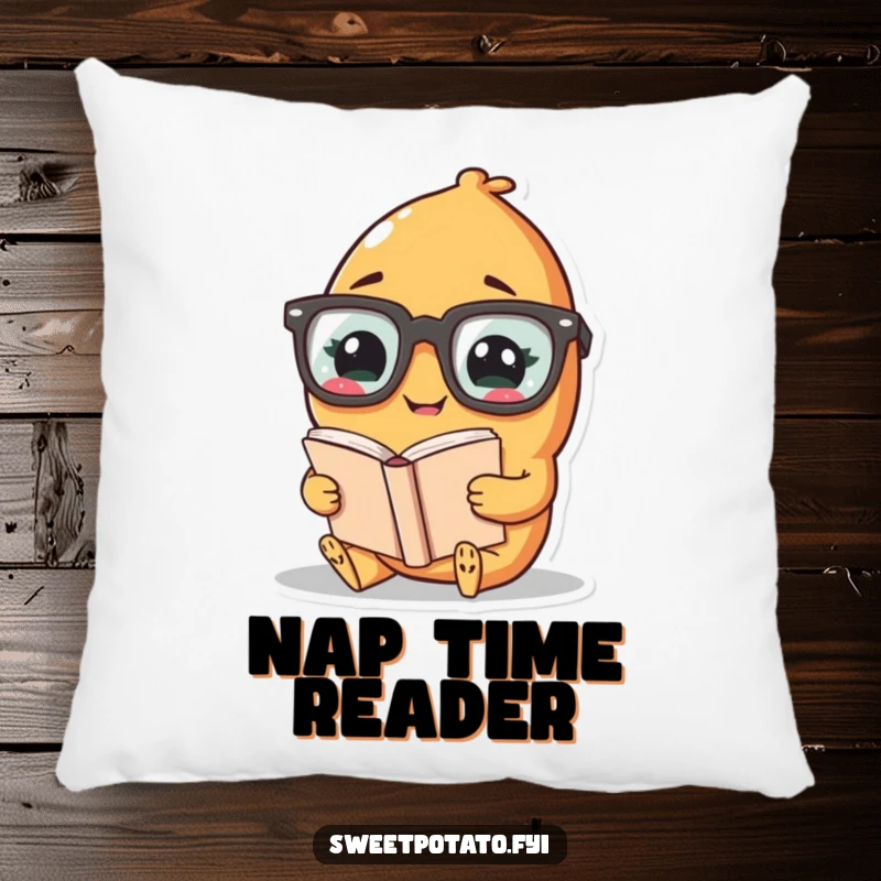 Funny pillow showing a sweet potato character in big glasses giggling while reading a book, for cozy moments.