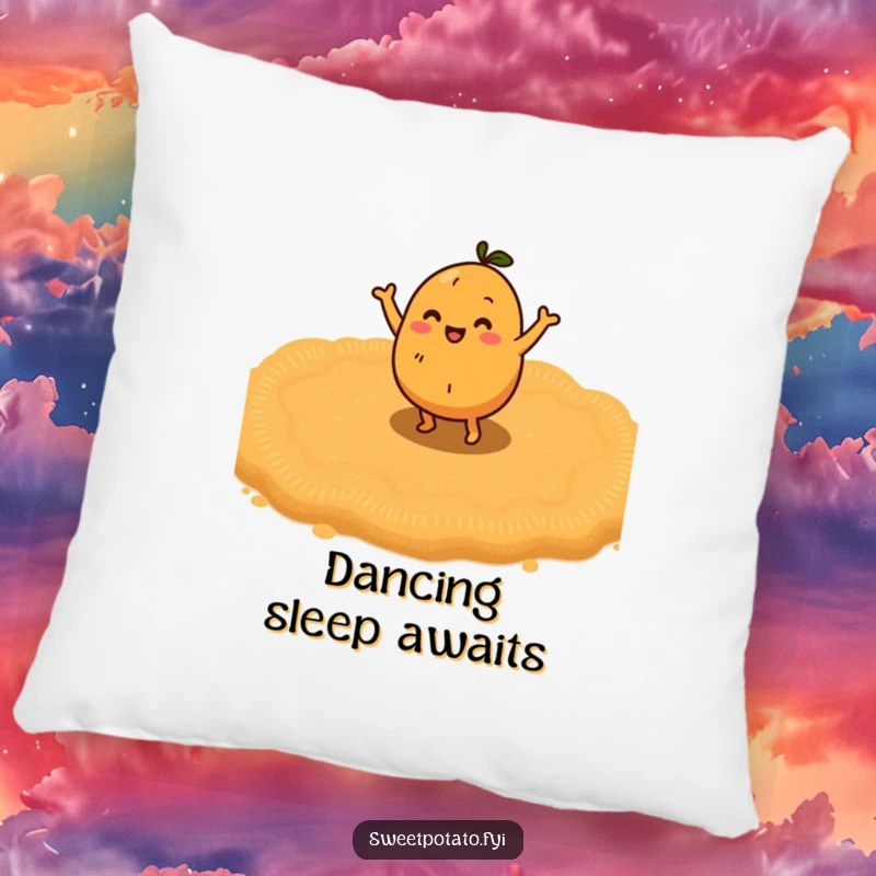 Funny sweet potato character doing a happy little dance on a bed of brown sugar, a plush and funny pillow.
