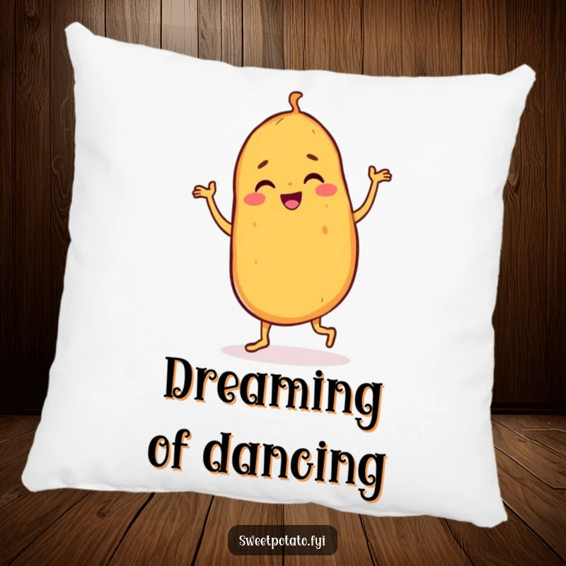 Funny sweet potato pillow with a dancing character doing a joyful jig, offering comfort and a dose of happy, humorous celebration.