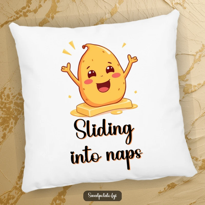 Funny pillow with an excited sweet potato character sliding on butter, adding a playful and humorous touch to any room.