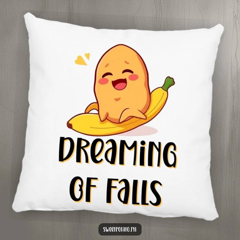 Funny sweet potato character laughing while slipping on a banana peel, a soft and humorous pillow.
