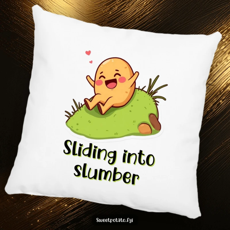 Funny giggling sweet potato character enthusiastically sliding down a grassy hill, a soft and humorous decorative pillow.