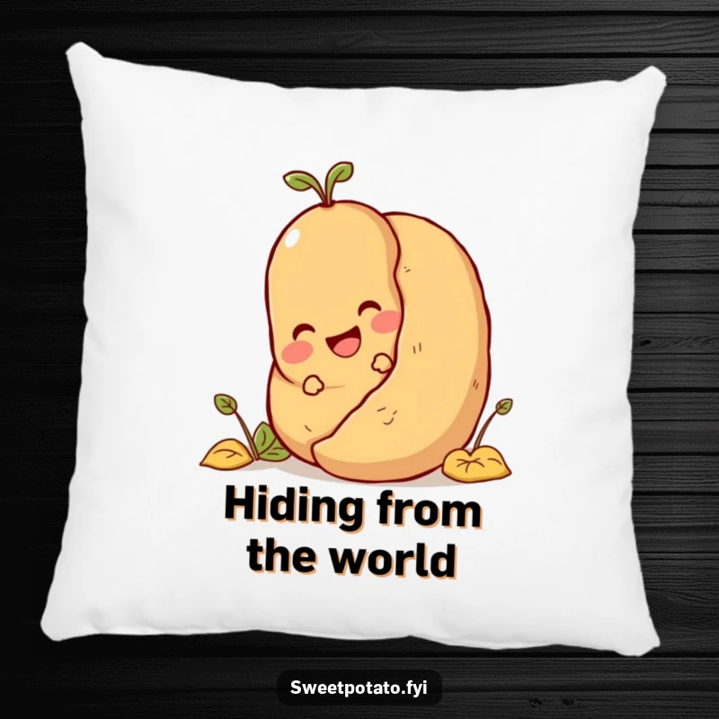 Funny sweet potato character playing hide-and-seek, a soft and humorous pillow for cozy fun.