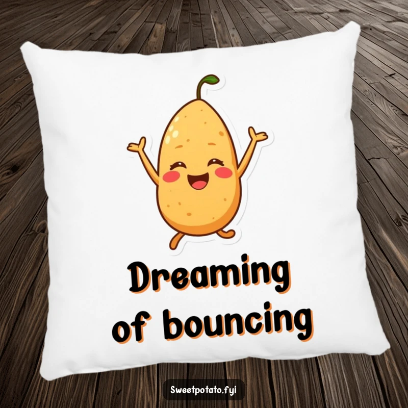 Funny pillow featuring a sweet potato character joyfully jumping, adding a touch of humor and cheer to seating.