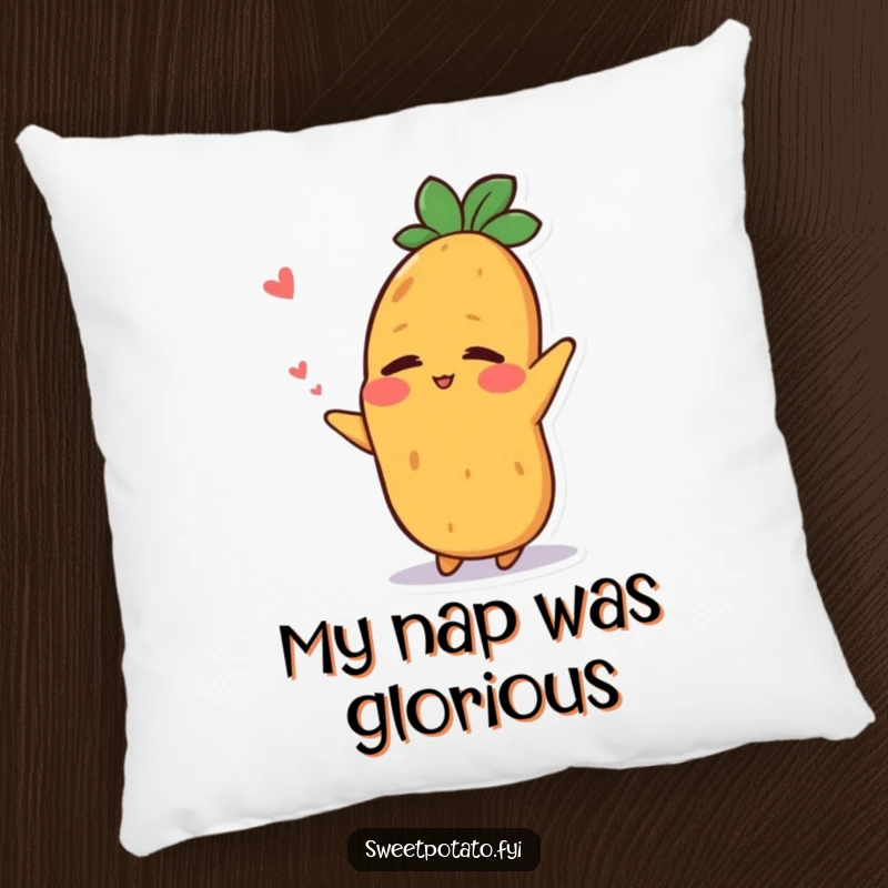 Funny pillow featuring a sweet potato character stretching with a relieved smile after a nap, perfect for comfort.