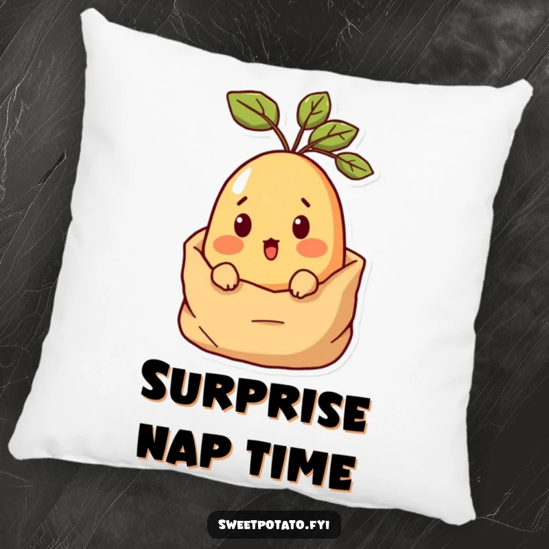 Funny Surprised Sweet Potato Pillow with a sweet potato character peeking out from a sack, offering soft comfort and humor.