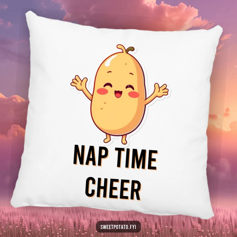Funny pillow featuring a soft sweet potato character with tiny arms, looking cheerful and ready for cuddles.