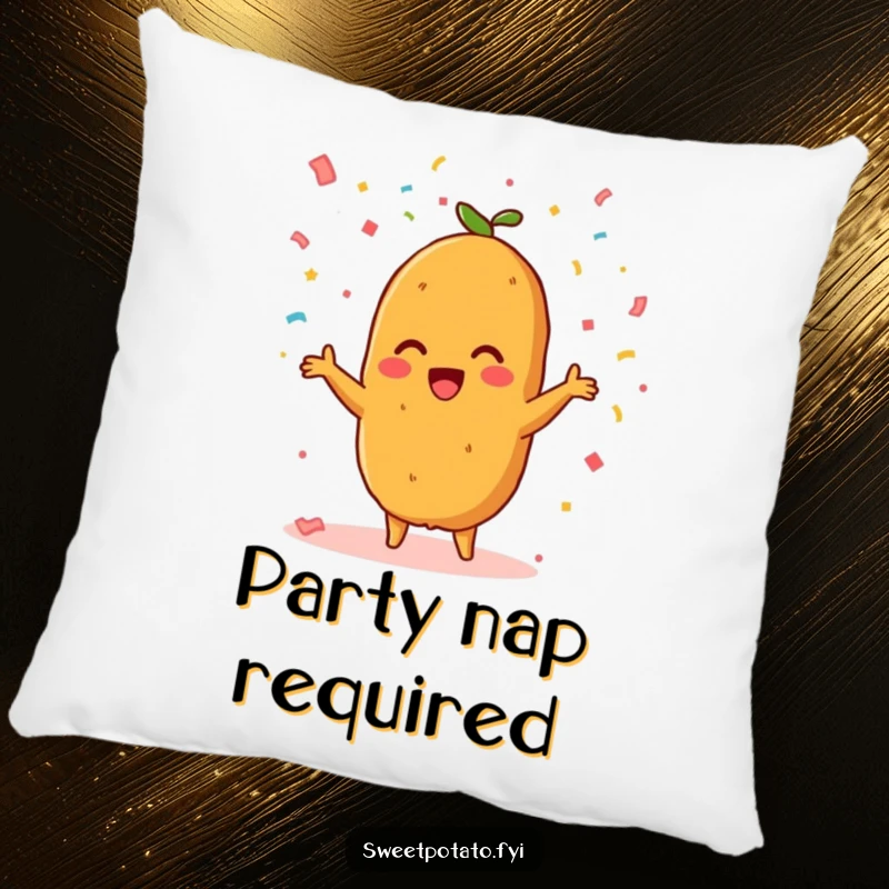 Funny pillow featuring a beaming sweet potato character joyfully showering confetti, adding a festive touch to any seat.