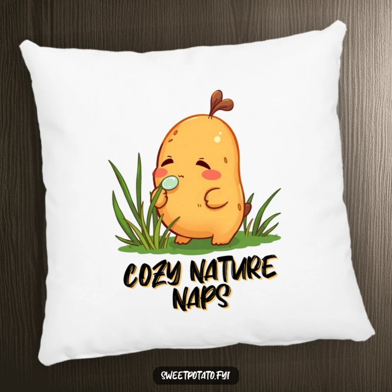 Funny pillow with a curious sweet potato character sniffing a dewdrop on grass, adding a soft touch of gentle humor.