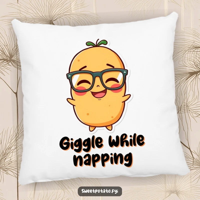 Funny pillow featuring a sweet potato character wearing glasses and giggling softly, adding a touch of cozy humor.