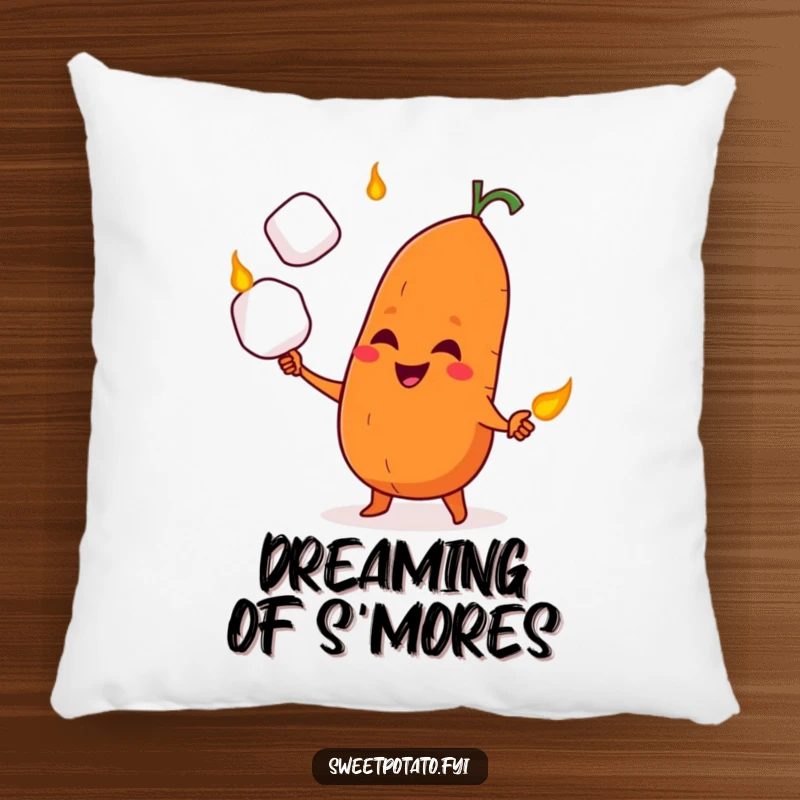 Funny pillow depicting a happy sweet potato character expertly juggling roasted marshmallows with a delightfully mischievous grin.