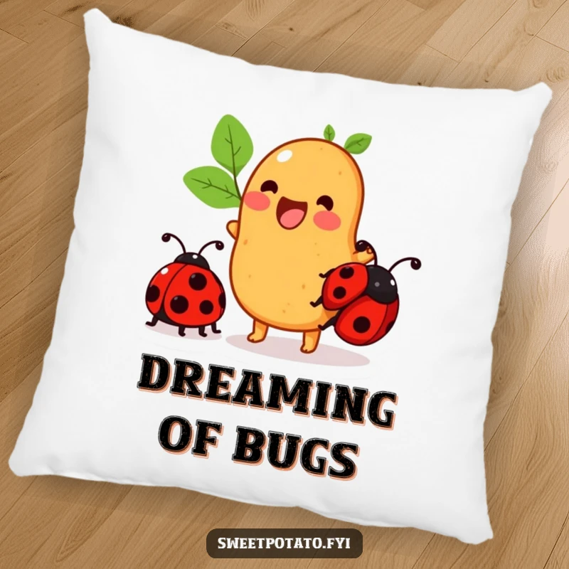 Funny sweet potato pillow featuring a character excitedly trying to ride a ladybug, perfect for cozy silliness.