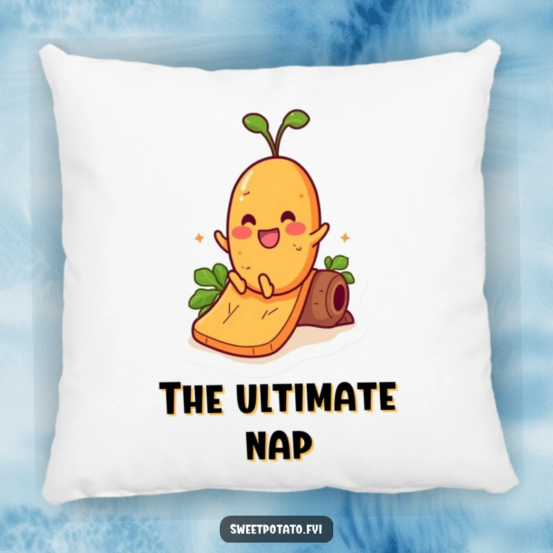 Funny pillow featuring a cheerful sweet potato character sliding down a yam slide, bringing a sense of fun.