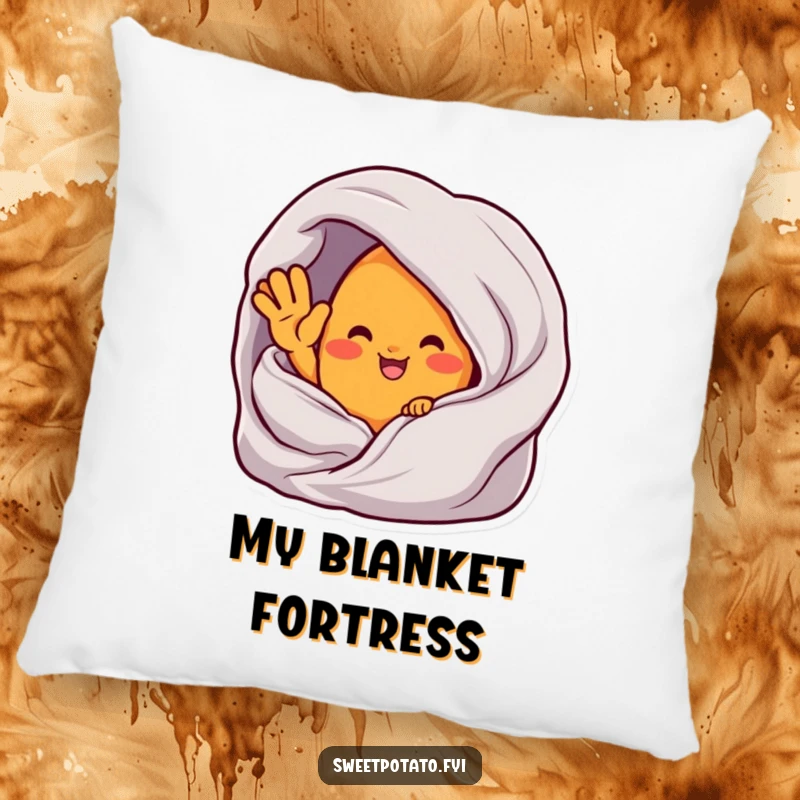 Funny pillow featuring a sweet potato character waving from inside a cozy blanket, perfect for ultimate comfort.