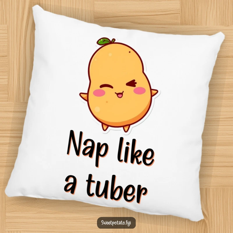 Funny pillow with a sweet potato character winking mischievously, offering a comfortable and humorous decorative accent.