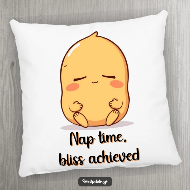 Funny sweet potato pillow featuring a peaceful meditating character, offering comfort and a dose of serene, humorous relaxation.