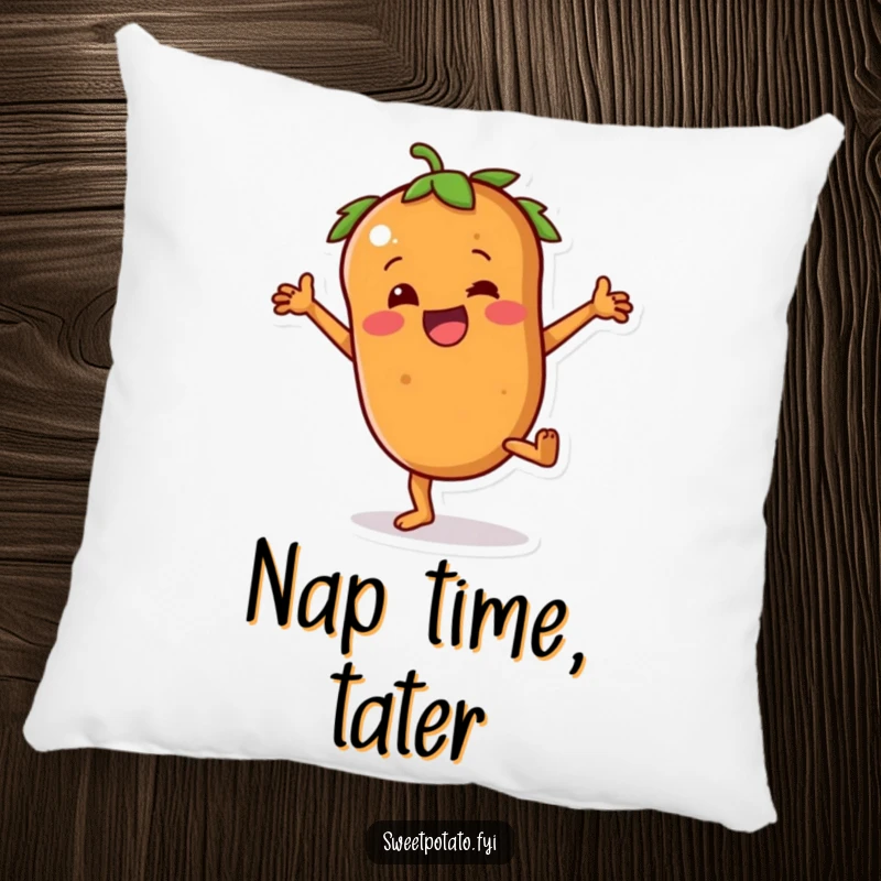 Funny sweet potato pillow featuring a character with tiny arms joyfully attempting a cartwheel, perfect for cozy silliness.