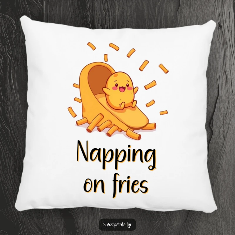 Funny pillow depicting a cheerful sweet potato character enjoying a thrilling slide down a chute made of tasty sweet potato fries.