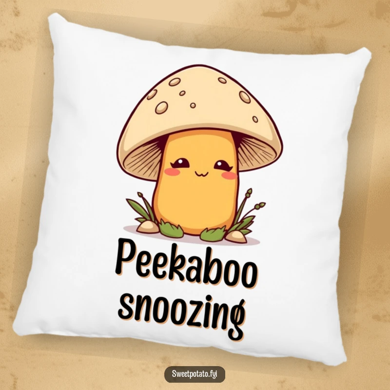 Funny smirking sweet potato character playfully peeking out from behind a mushroom, a soft and humorous decorative pillow.