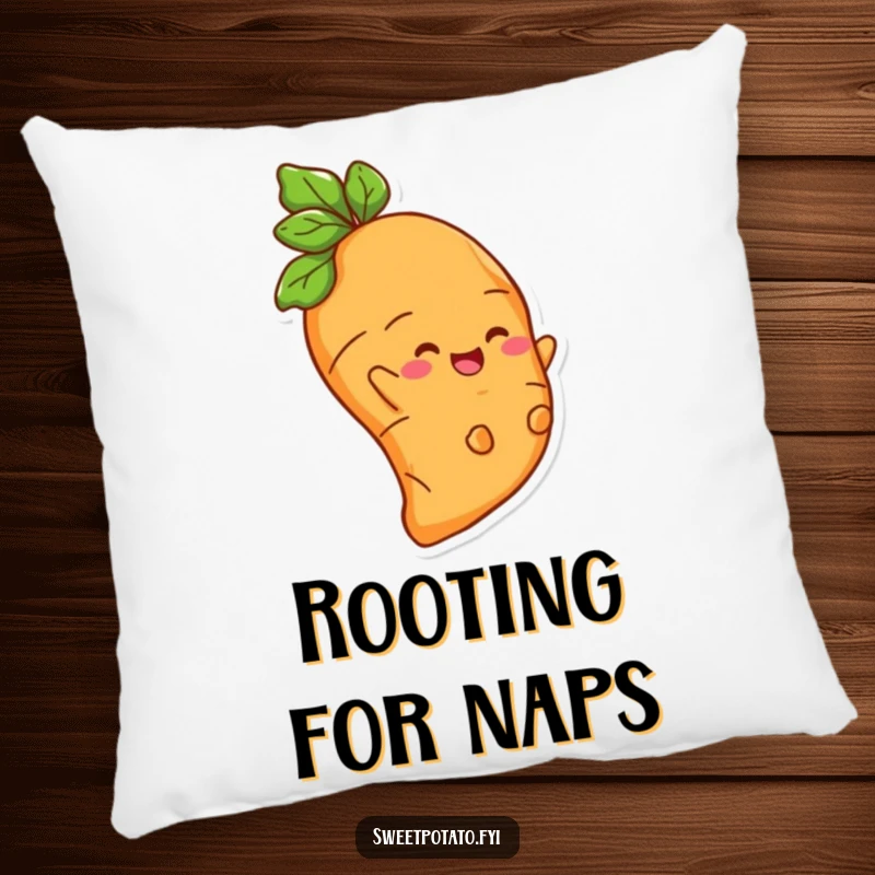 Funny pillow showing a cheerful sweet potato character sliding down a root, bringing a smile and cozy vibes.