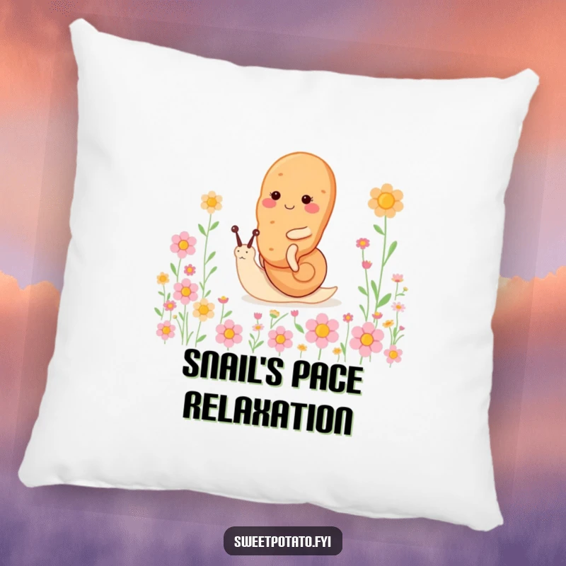 Funny sweet potato character pillow, riding a tiny, happy snail through a field of flowers, offering soft, peaceful comfort.