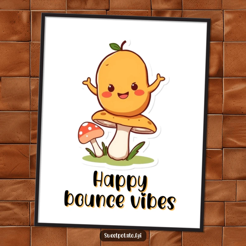 Funny digital art print of a happy sweet potato character joyfully bouncing on a springy mushroom.
