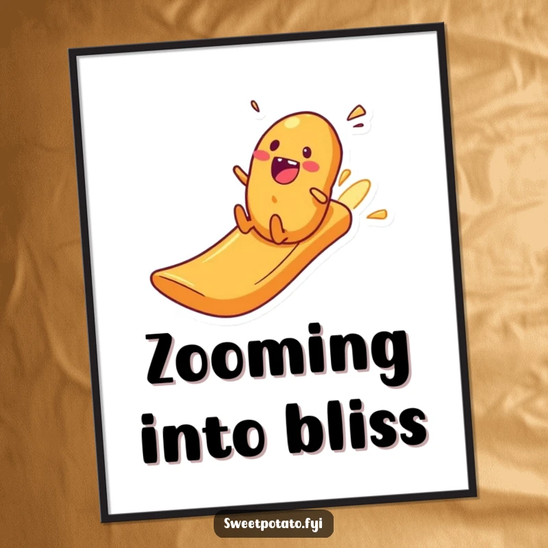 Funny sweet potato character zooming down a potato crisp slide, high-resolution digital art for humorous decor.